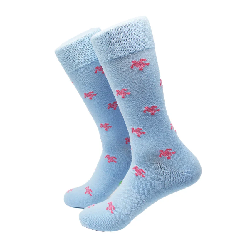 Turtle Socks - Men's Mid Calf - Pink on Blue