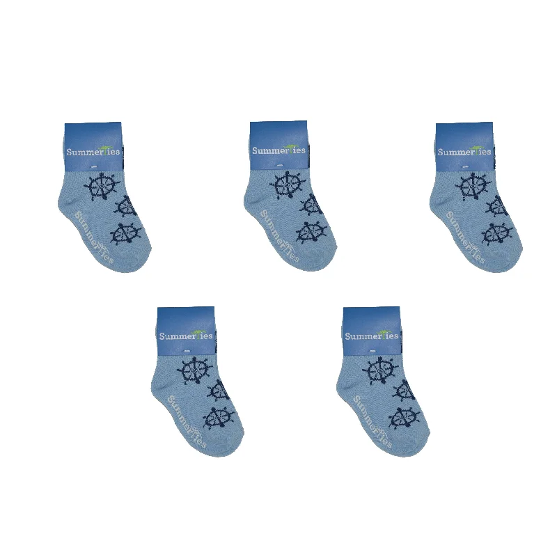 Ship Wheel Socks - Toddler Crew Sock - Navy on Blue - 5 Pairs