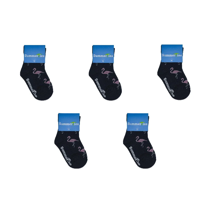 Flamingo Socks - Toddler Crew Sock - Pink on Navy - 5 Pairs