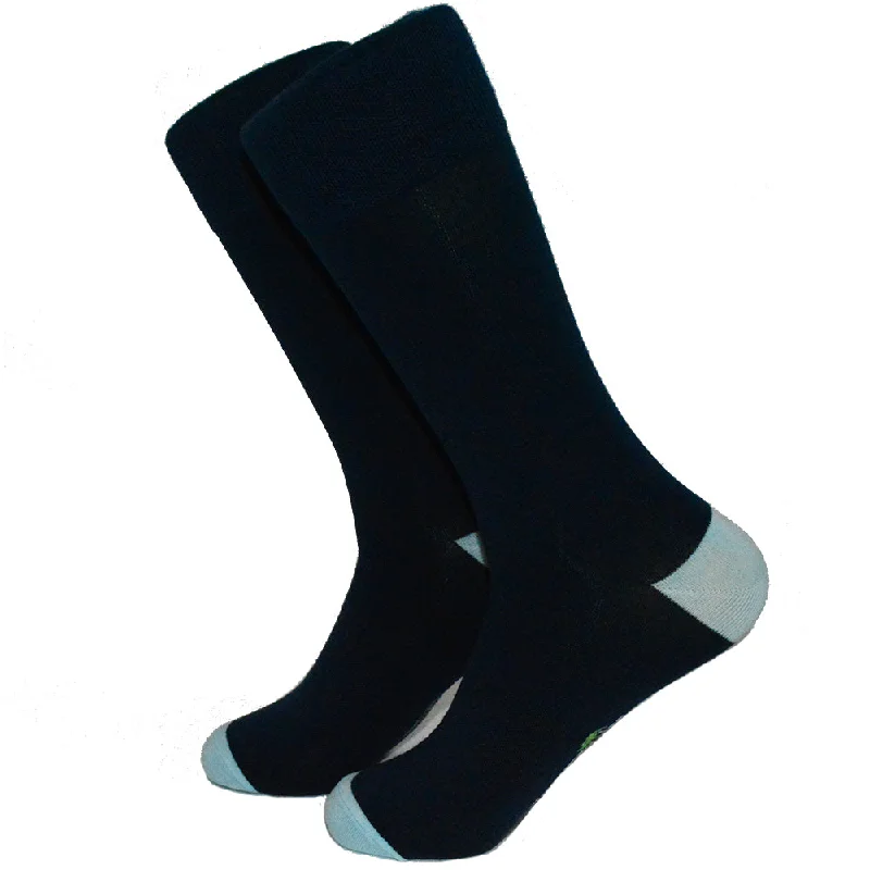 Solid Navy with Aqua Toe and Heel Socks - Men's Mid Calf