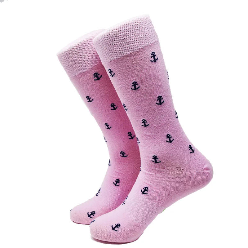 Anchor Socks - Men's Mid Calf - Navy on Pink