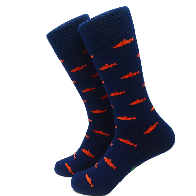 Trout Socks - Coral on Navy - Men's Mid Calf