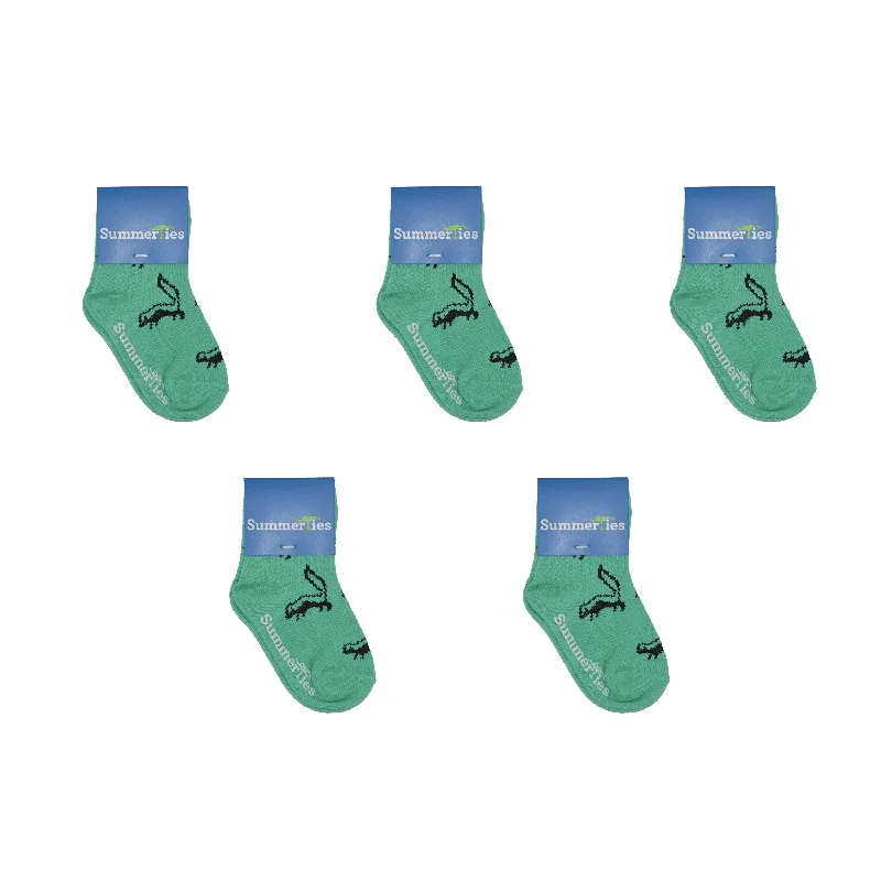 Skunk Socks - Toddler Crew Sock - Black on Green - 5 Pairs