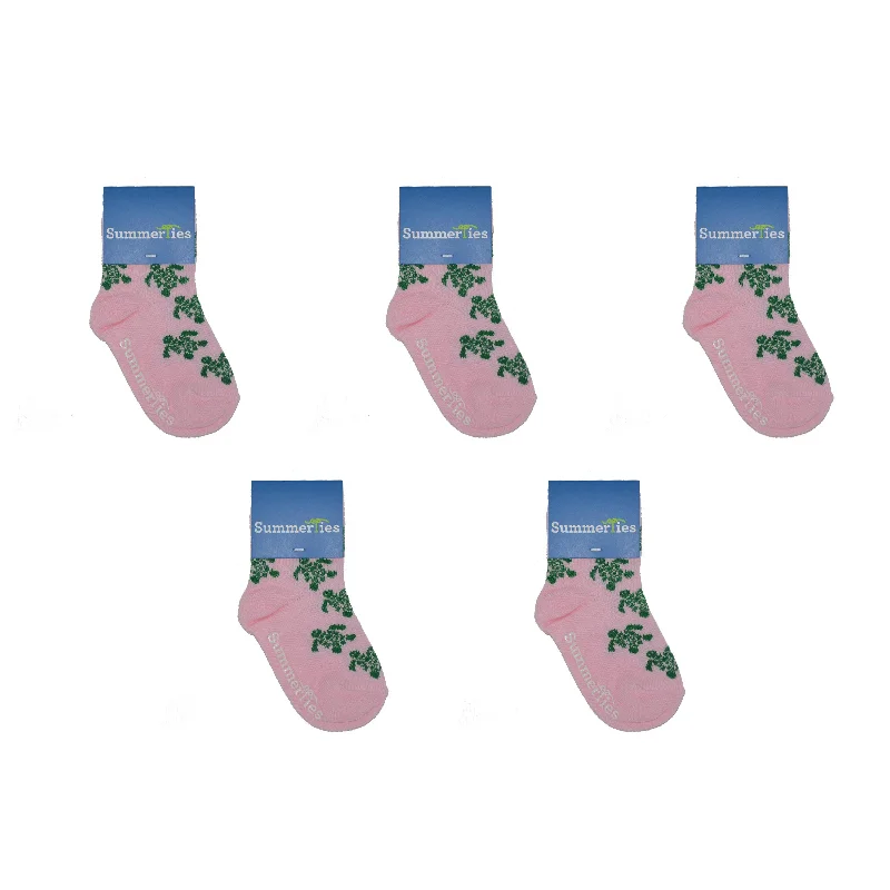 Turtle Socks - Toddler Crew Sock - Green on Pink - 5 Pairs