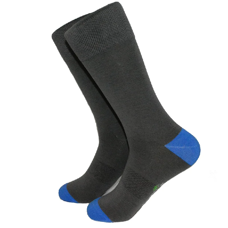 Solid Gray with Blue Toe and Heel Socks - Men's Mid Calf