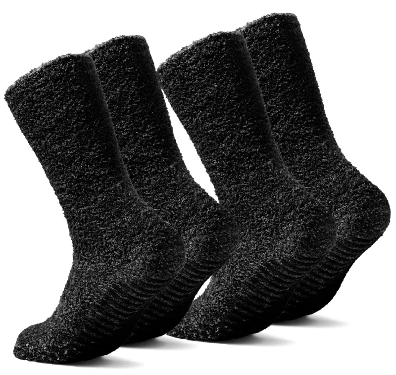 Gripjoy Socks Men's Dark Grey Fuzzy Socks with Grips for Men (2 Pair Pack)