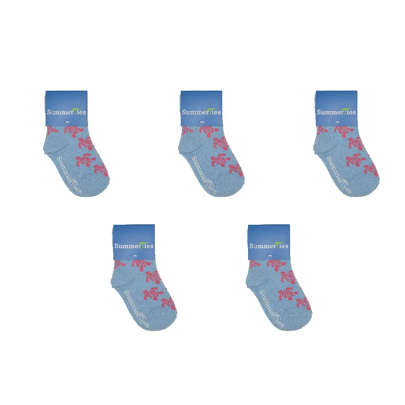 Turtle Socks - Toddler Crew Sock - Pink on Light Blue - 5 Pairs