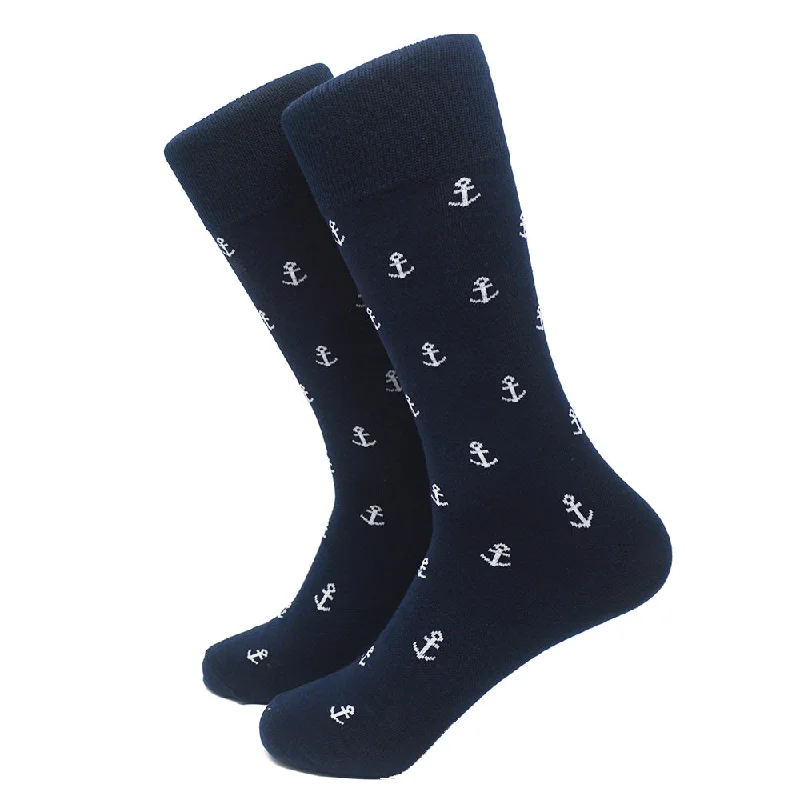 Anchor Socks - Men's Mid Calf - White on Navy