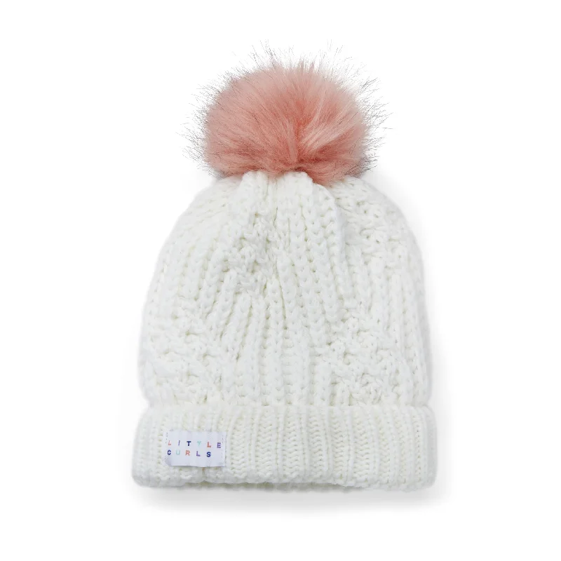 Little Curls Satin Lined Knitted Beanie Hat - Ivory with Pom Pom