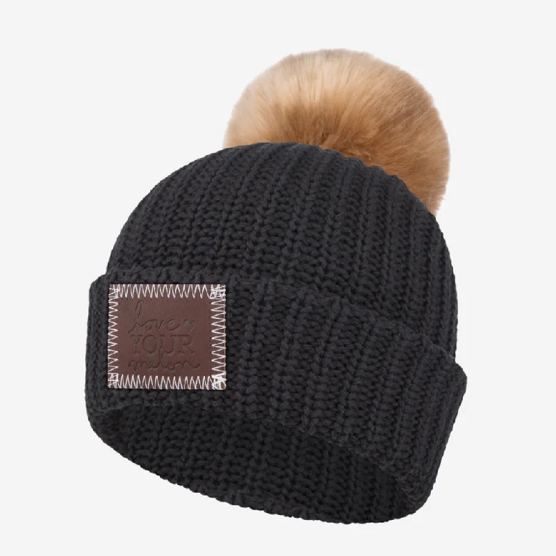 Kids Black Pom Beanie (Natural Pom)