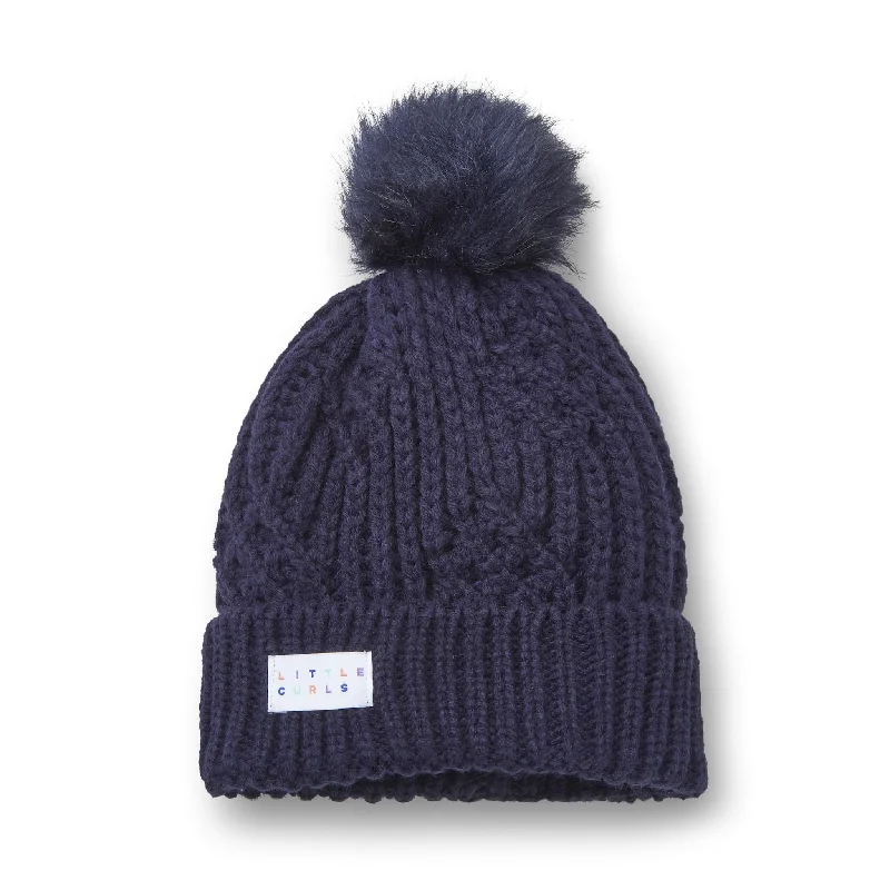 Little Curls Satin Lined Knitted Beanie Hat - Navy with Pom Pom