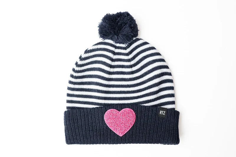 Blue & White Stripe Terry Heart Pom Pom