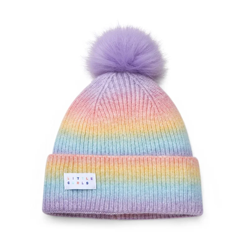 Little Curls Satin Lined Knitted Beanie Hat - Rainbow with Pom Pom