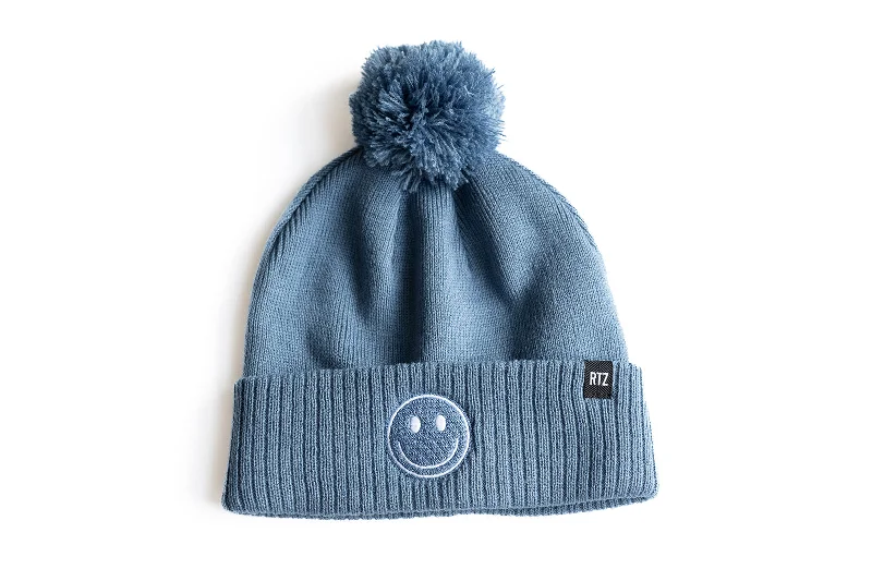 Blue Smiley Pom Pom Hat