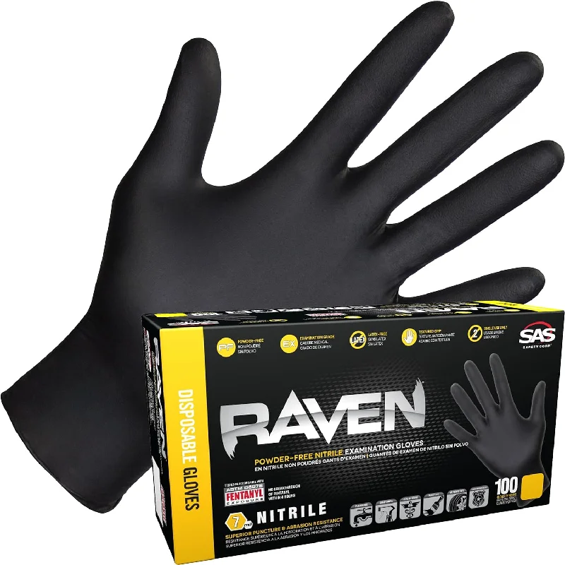 RAVEN Nitrile Exam Grade Disposable Gloves, Black, 7 mil, 100 Gloves per Box